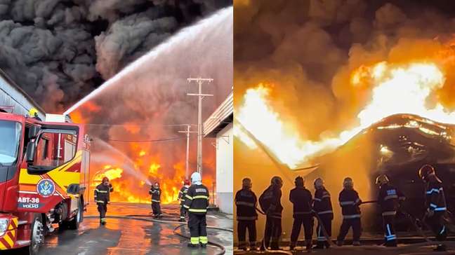 Bombeiros atuam há mais de 10 horas para combater incêndio em fábrica de veículos em Manaus