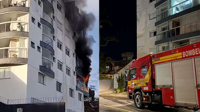 Casal e bebê ficam presos em varanda durante incêndio em prédio em SC