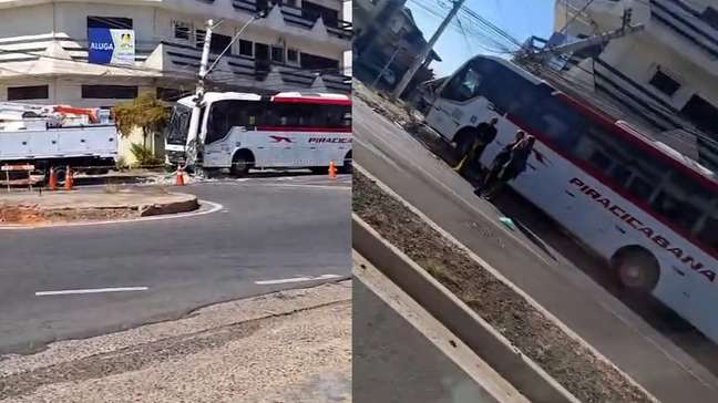 Motorista esquece freio de mão e ônibus atinge poste em Hortolândia
