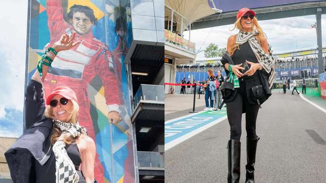 Adriane Galisteu posa na frente da pintura de Ayrton Senna em Interlagos: ‘De volta’