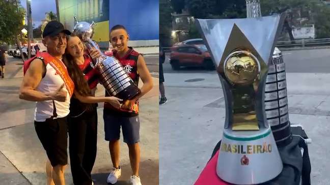 Ambulante cobra R$ 20 por foto de torcedores com as taças da Libertadores e Campeonato Brasileiro