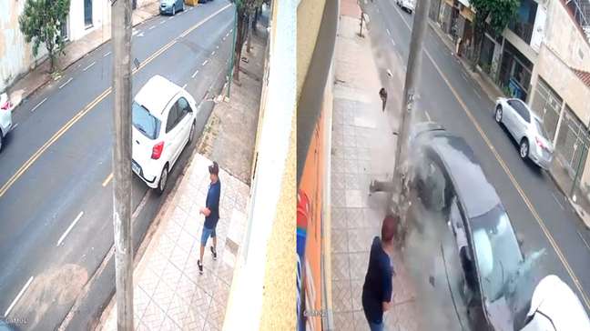 Carro perde controle, bate em poste e pedestre escapa por pouco no interior de SP