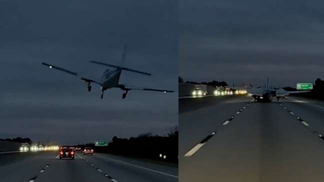 Avião faz pouso de emergência em cima de carro em rodovia nos EUA