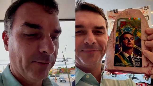 Flávio Bolsonaro mostra ‘homenagem’ que recebeu de frigorífico em Goiás: ‘Picanha black’