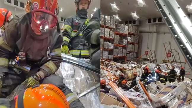 Vídeo mostra Bombeiros resgatando operador de empilhadeira soterrado após queda de prateleiras