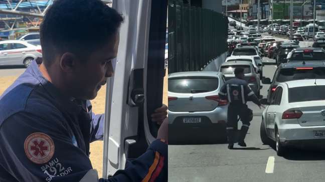 Médico do Samu desce de ambulância para liberar trânsito durante emergência em Salvador (BA)