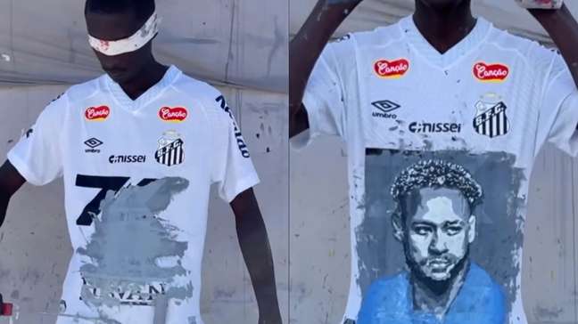 Vendado, artista viraliza ao pintar rosto de Neymar em camisa do Santos