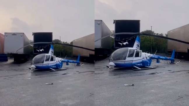 Helicóptero da Band faz pouso forçado em São Paulo e atinge carreta