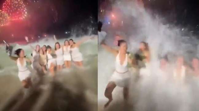 Amigas tentam tirar foto e são atingidas por onda no réveillon em Copacabana