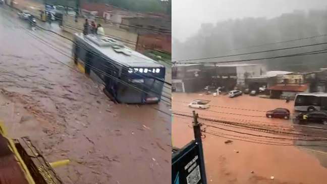 Vídeo mostra passageiros em teto de ônibus após temporal alagar via e deixar veículo ilhado em SP