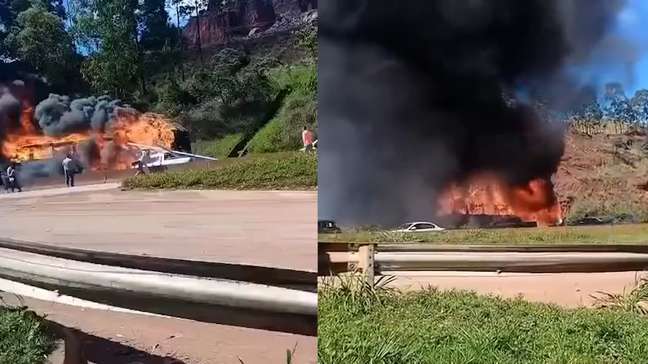 Ônibus clandestino pega fogo e desce desgovernado na Fernão Dias