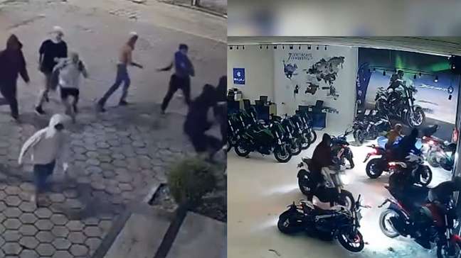 Vídeo mostra ladrões fugindo em comboio após invadir loja de motos em SC