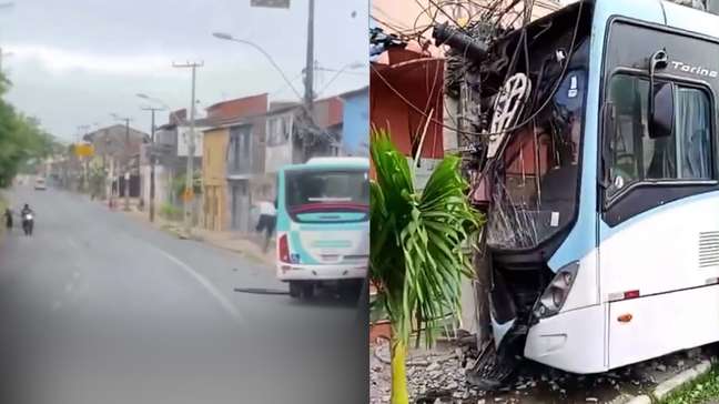 Passageiros deixam ônibus pela saída de emergência após batida em poste e disparo de faíscas