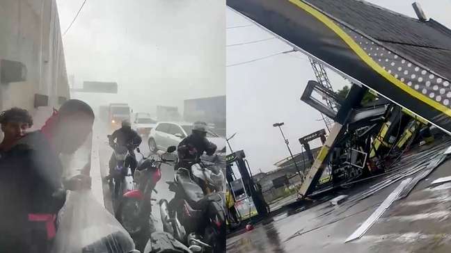 Temporal com granizo e ventos fortes no RJ derruba posto de gasolina e assusta moradores
