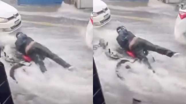 Vídeo mostra motoqueiro sendo arrastado por correnteza em Santo André (SP)