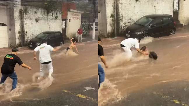 Mulher é arrastada por enchente, mas é salva do pior; veja