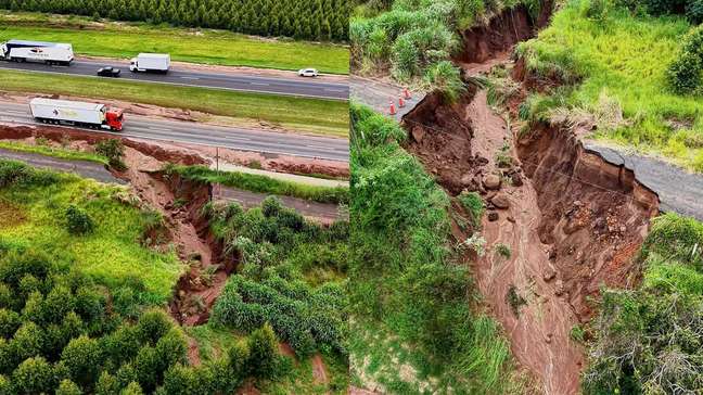 Imagens de drone mostram deslizamento de terra que fechou trecho da Rodovia Washington Luís; veja