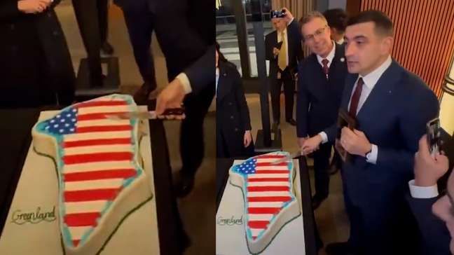 Deputados republicanos cortam bolo em formato da Groenlândia estampado com a bandeira dos EUA