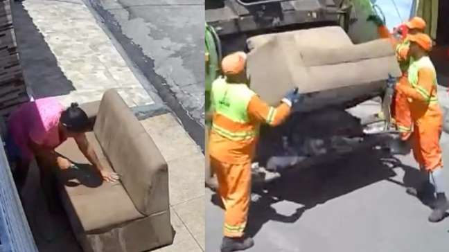 Mulher deixa sofá secando na porta e móvel é levado por caminhão de lixo por engano