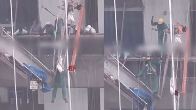 Andaime se solta e operário fica pendurado em fachada de prédio no Rio de Janeiro