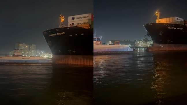 ‘Vai bater’: vídeo mostra o momento que navio colide com balsas no Porto de Santos