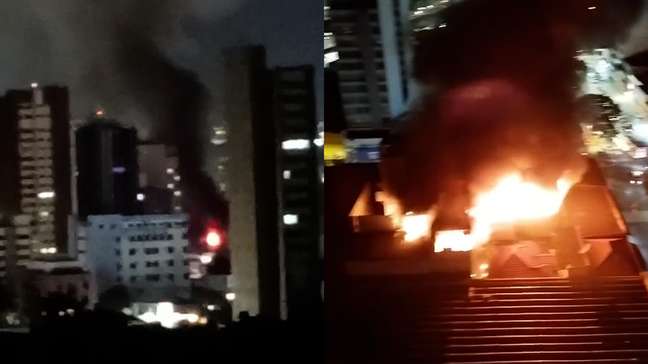 Incêndio de grandes proporções faz teto de loja desabar na grande São Paulo