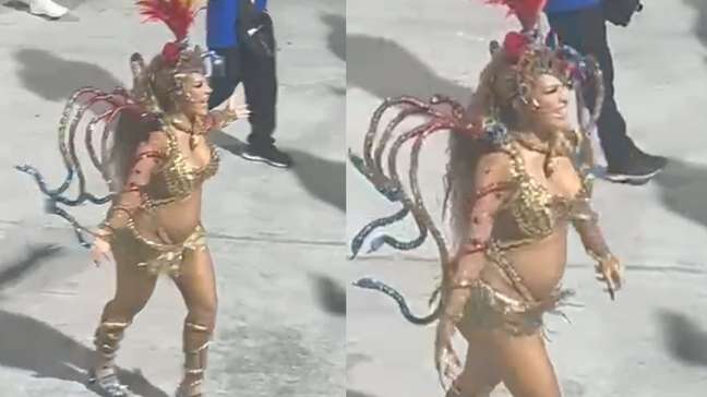 Lore Improta desfila grávida em fantasia de serpentes no carnaval do Rio