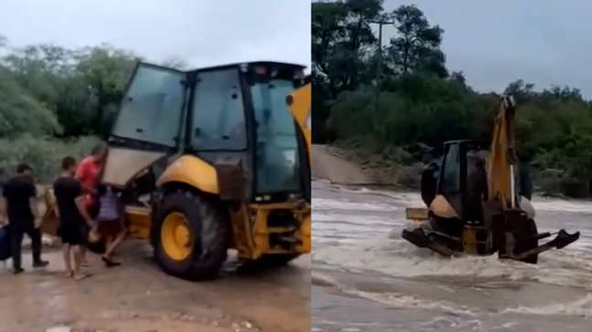 Mulher atravessa rio com retroescavadeira para realizar hemodiálise após forte chuva na Bahia