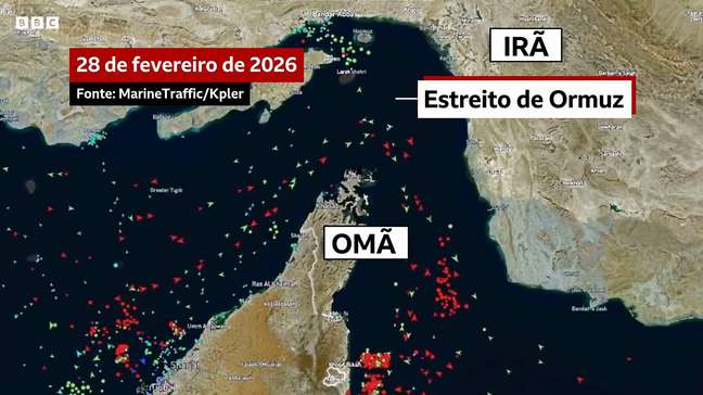 Vídeo mostra mudança no fluxo de navios no Estreito de Ormuz com conflito no Irã