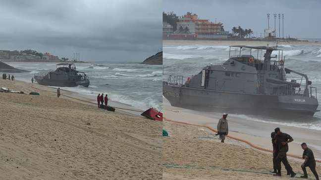 Navio-patrulha encalha na Praia da Macumba, no Rio, e resgate é dificultado por chuva e ressaca