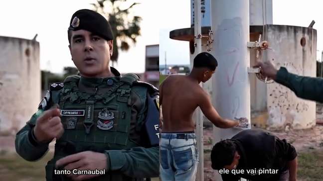Capitão da PM faz membros de facção apagarem pichações com sigla do CV no Ceará