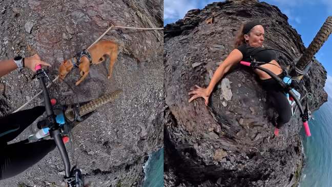 Ciclista escorrega à beira de precipício e escapa por pouco da morte