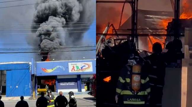 Vídeos mostram combate dos bombeiros a incêndio de grandes proporções em loja de tintas na Grande SP