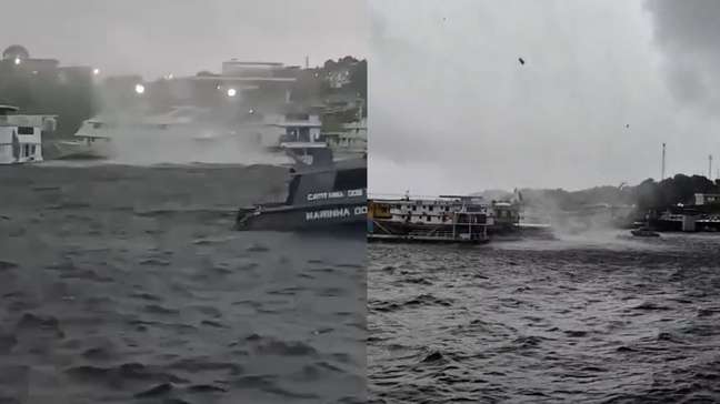 Redemoinho se forma no Rio Negro e destrói parte de barco ancorado em porto em Manaus