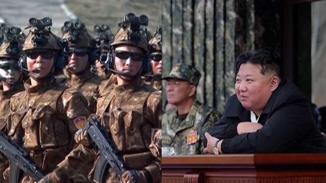 Kim Jong-un acompanha soldados quebrando tijolos com a cabeça em exercício militar na Coreia do Norte