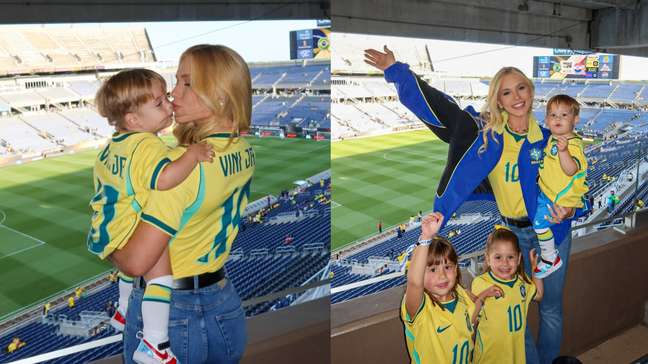 Virginia comemora gol do Brasil com filhos em camarote usando camisa de Vini Jr