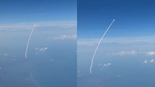 Passageira filma lançamento do foguete Artemis II da janela de avião