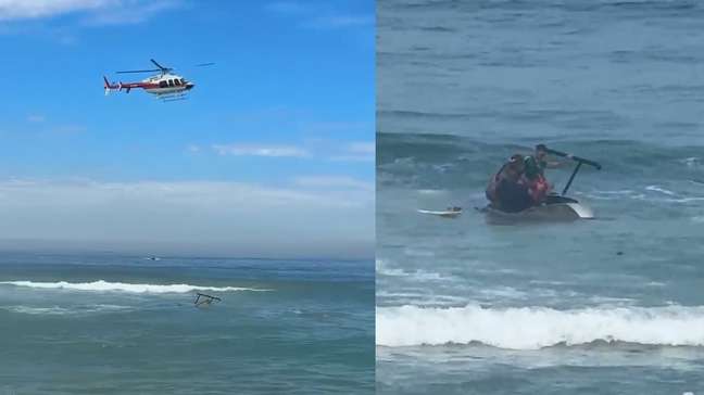 Helicóptero perde altitude e afunda na praia da Barra da Tijuca, no Rio de Janeiro