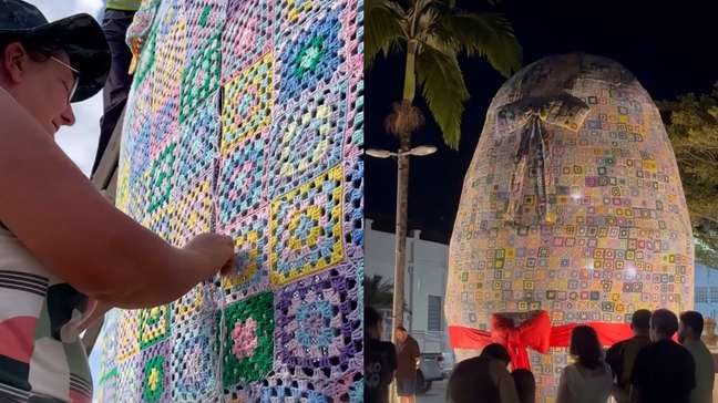Mulheres usam 900 novelos de lã para criar ovo gigante de crochê em SC