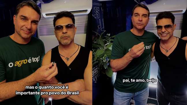 Flávio vai a evento do agro e grava recado de Zezé Di Camargo ao pai: ‘É muito importante para nós’