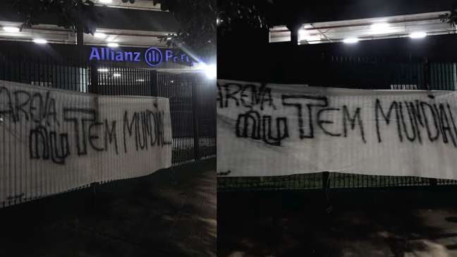 ‘Arena Nu Tem Mundial’: torcida do Corinthians estende faixa no Allianz para provocar o Palmeiras