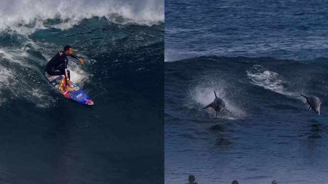 Ítalo Ferreira surfa com golfinhos durante aquecimento para a etapa de Margaret River da WSL
