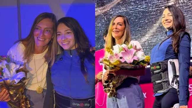 Lais Souza surge em pé pela 1ª vez após acidente e entrega prêmio a pesquisadora da polilaminina