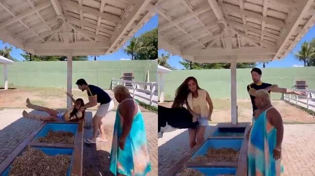 Vaca dá cabeçada em Nicole Bahls, que é derrubada e cai em bebedouro na fazenda