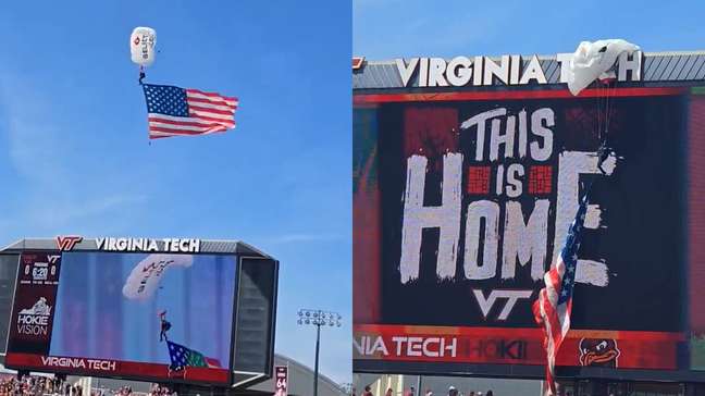 Paraquedista fica em preso em placar durante jogo de futebol americano nos EUA