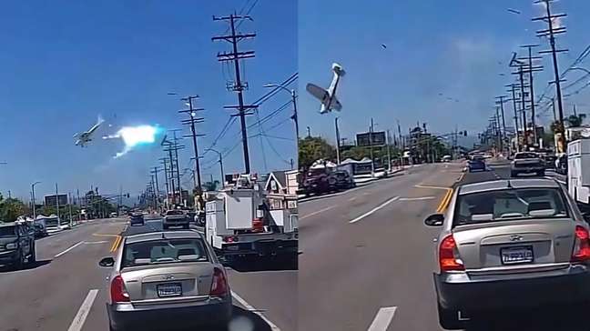 Avião de pequeno porte cai em estacionamento após atingir poste de energia em Los Angeles