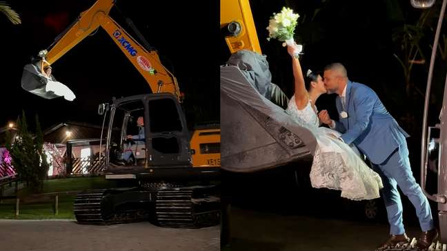 Noiva surpreende e chega 'voando' para casamento dentro de concha de escavadeira em SC