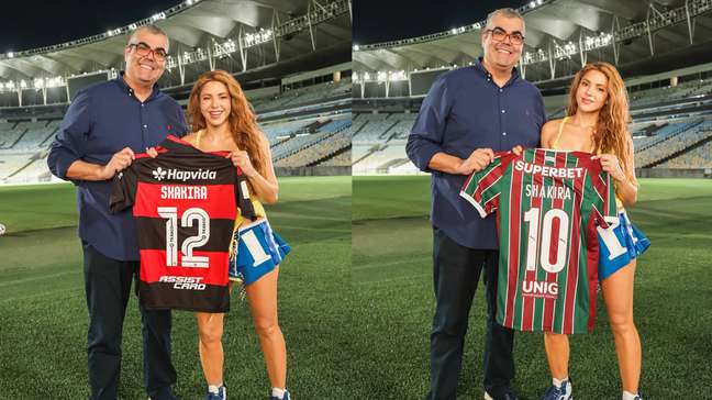 Com as cores do Brasil, Shakira vai ao Maracanã, autografa bola e ganha camisas de Flamengo e Fluminense