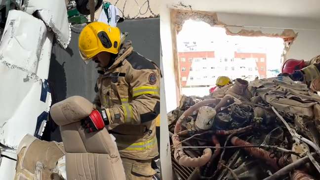 Bombeiros mostram destruição de prédio atingido por avião em Belo Horizonte (MG)
