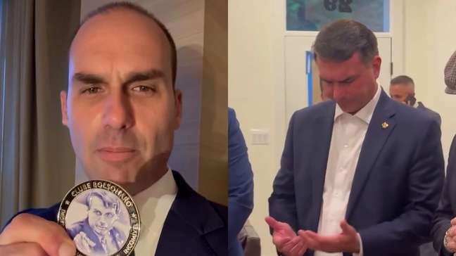 Eduardo Bolsonaro mostra medalha e roda de oração em reunião de Flávio com Trump na Casa Branca